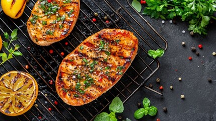 Poster - An overhead shot of a fish steak marinated in herbs and spices, resting on a grilling rack, ready to be cooked, with fresh ingredients scattered around.