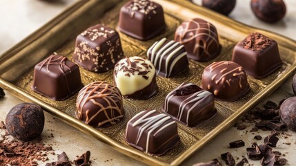 Poster - Assorted chocolate pralines with intricate designs and fillings on a gold tray, surrounded by cocoa beans and chocolate shavings.