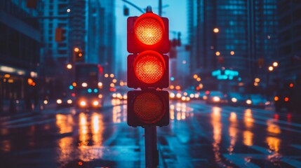 Aufkleber - A beautifully composed shot of a traffic light glowing brightly at dusk, with city buildings and street reflections creating a moody urban atmosphere.