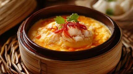 Poster - A beautifully presented steamed egg custard topped with crab, served in a traditional ceramic bowl, with a bamboo mat underneath for a rustic touch.