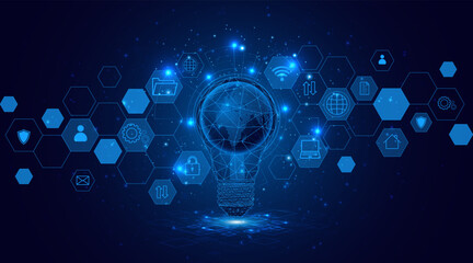 Fototapete - Electric light bulb or creative light bulb with a globe or world map inside. Global internet connection concept for business Advanced digital technology	