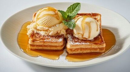 Poster - A beautifully styled plate of honey toast topped with ice cream, fresh mint, and a drizzle of honey, arranged on a white background for a fresh and modern look.