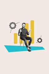 Poster - Poster image vertical photo collage of happy businessman hold phone chart development gearwheel optimization goal achievement
