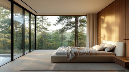 Aufkleber - A bedroom with a large, comfortable bed facing a floor-to-ceiling window overlooking nature