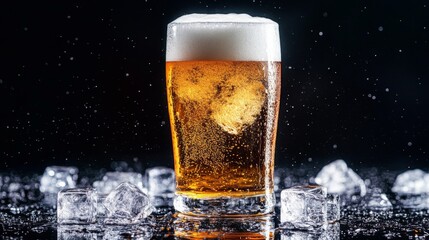 Poster - A beer glass with ice cubes, with foam spilling slightly over the rim
