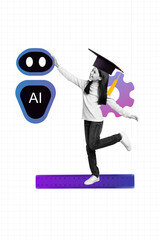 Poster - Sketch template design collage of lesson academic university education class young schoolgirl wear graduate cap cogwheel ai bot technology