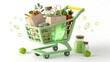 © DesignByNoor - Green shopping cart filled with organic groceries isolated on white background