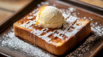 Poster - A close-up of a beautifully presented honey toast topped with a scoop of vanilla ice cream, drizzled with honey, and sprinkled with powdered sugar on a rustic wooden table.