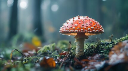 Aufkleber - A close-up of a small mushroom in a forest, covered in glistening water droplets after rain