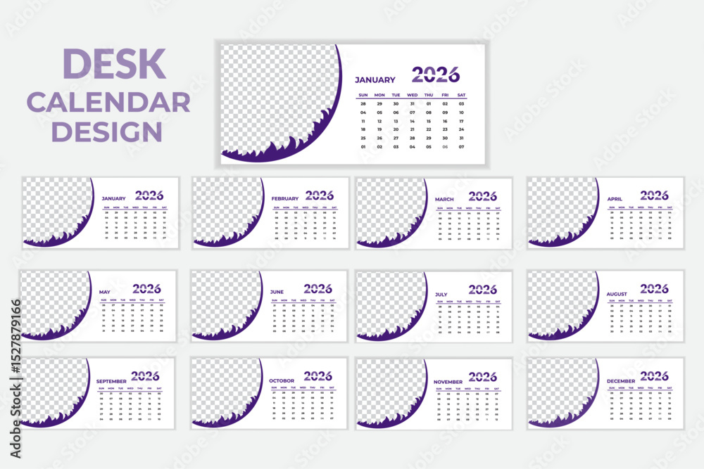2026 desk calendar design template.Monthly calendar layout for 2026 ...