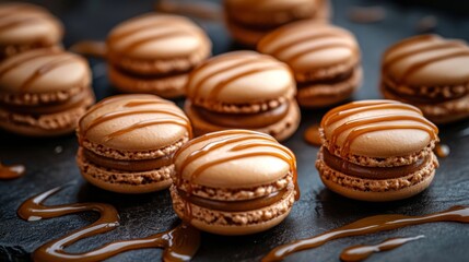 Poster - A close-up of caramel-flavored macarons with a glossy caramel drizzle on top, arranged neatly on a dark stone surface with caramel sauce swirled around.