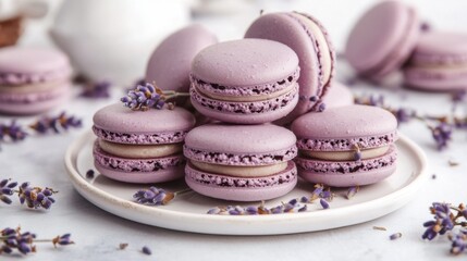 Poster - A close-up of lavender-flavored macarons, neatly arranged on a white marble plate, with dried lavender flowers scattered around for a soft, aromatic feel.
