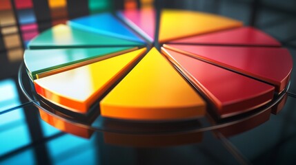 Poster - A close-up view of a D pie chart with distinct segments, showcasing data distribution in bright colors, highlighted by reflections and shadows for depth.