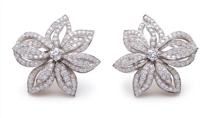 Poster - A close-up view of dazzling diamond earrings with a floral design, highlighted against a white background, showcasing their intricate craftsmanship.