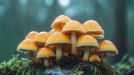 Poster - A cluster of wild mushrooms with raindrops sliding off their caps, creating a mystical atmosphere
