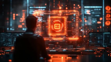 Futuristic programmer analyzing data in a high-tech environment