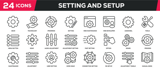 Set of collection line icons related setting, configuration, repair, setup. Editable stroke. Perfect pixel on transparent background