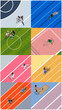 © master1305 - Collage. Top-down graphic design of various athletes performing sports including basketball, swimming, soccer, tennis, fencing, cycling, running, and long jump. Concept of healthy lifestyle, diversity