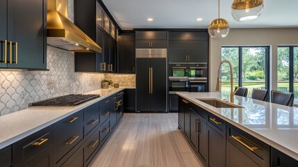 Aufkleber - A contemporary kitchen with dark cabinets, gold hardware, and soft under-cabinet lighting