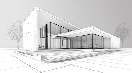 Poster - Modern architectural sketch of a minimalist building with large glass walls and a flat roof, surrounded by trees and an open, paved area.