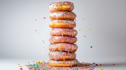 Aufkleber - A creative composition of a donut tower stacked high, with sprinkles and icing dripping down the sides, creating a playful and indulgent dessert display.