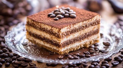 Poster - A delectable tiramisu cake layered with coffee and mascarpone, elegantly presented on a glass plate with coffee beans scattered around.