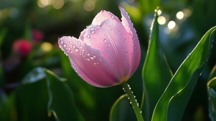 Aufkleber - A delicate pink tulip with glistening droplets on its petals, surrounded by lush green leaves, creating a fresh and vibrant springtime atmosphere.
