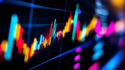 Aufkleber - A detailed close-up of a colorful financial graph with upward trends and vibrant lines on a digital display, set against a sleek black background.