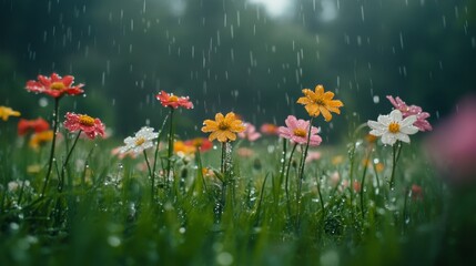 Aufkleber - A field of wildflowers after rain, each petal adorned with sparkling water droplets