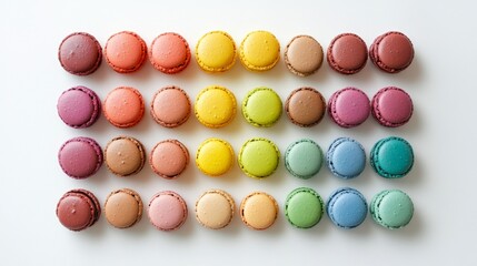 Poster - A flat lay of a variety of macarons arranged in a rainbow pattern on a white tablecloth, each color representing a different flavor, with a clean background.