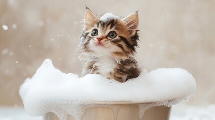 Poster - A fluffy kitten covered in soap suds sitting in a small bathtub, looking curious and playful