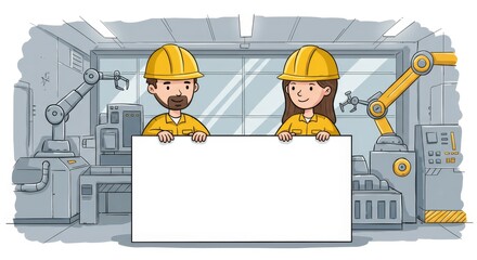 Poster - two engineers and a blank sign - cartoon clipart of two engineers, a man and a woman, holding a larg