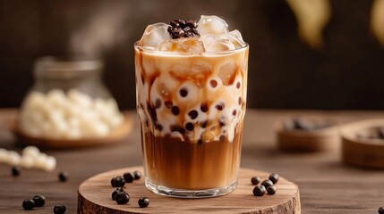 Poster - A glass of Thai milk tea with ice cubes and tapioca pearls, placed on a wooden coaster
