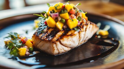 Poster - A gourmet fish steak topped with mango salsa, served on a stylish plate with a drizzle of balsamic reduction, capturing a contemporary dining experience.