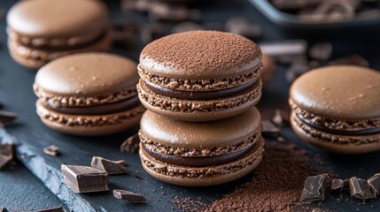 Poster - A group of chocolate macarons with a glossy finish, stacked on a dark slate surface, surrounded by cocoa powder and chocolate shavings for a rich, decadent look.
