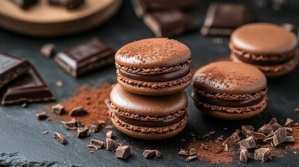 Poster - A group of chocolate macarons with a glossy finish, stacked on a dark slate surface, surrounded by cocoa powder and chocolate shavings for a rich, decadent look.