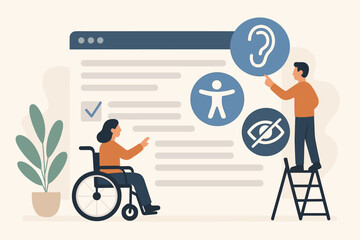 Aufkleber - Web accessibility concept. Inclusive user interface design for people with disabilities. Woman in wheelchair testing website. UI with icons for visual, hearing and physical impairment.