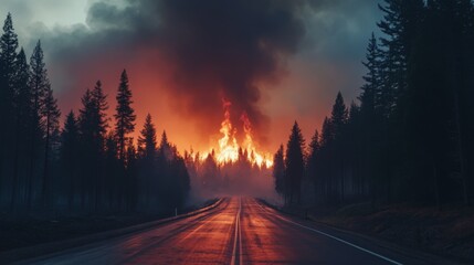 Poster - A haunting view of a forest road lined with smoke from a nearby wildfire, with trees silhouetted against the fiery background, creating a sense of urgency and danger.