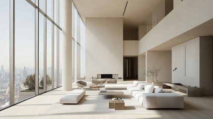 Aufkleber - A high-ceilinged minimalist living room with a neutral color scheme, floor-to-ceiling windows, and modern furniture