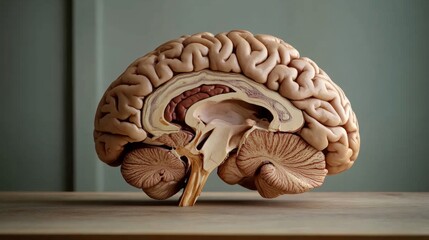 Poster - A high-resolution image of a human brain dissected to reveal its internal structures, including the cortex and cerebellum, displayed on a wooden table for a scientific feel.