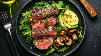 Aufkleber - A keto-friendly steak meal with avocado, grilled mushrooms, and a fresh green salad