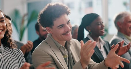 Poster - Clapping, success and event with businessman in audience for meeting, workshop and deal. Applause, finger guns and conference with group of employees at convention for seminar, crowd and support