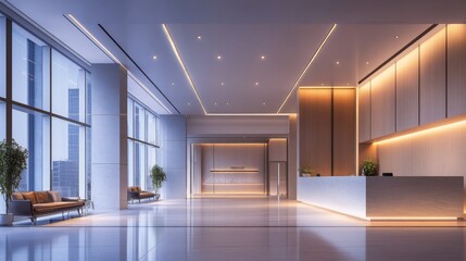 Poster - A large public hall in a modern building, featuring a minimalist reception area and stylish lighting fixtures