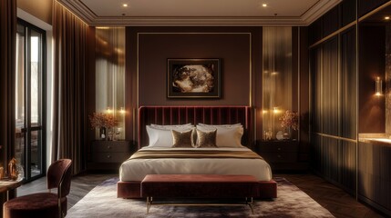 Aufkleber - A luxurious bedroom with a king-sized bed, plush velvet headboard, and elegant gold accents