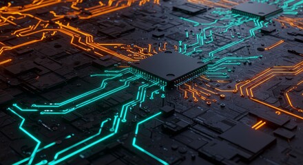 Poster - Glowing Circuit Board Technology - Abstract symbolizing technology, innovation, connection, speed, and future. A microchip is central to the design