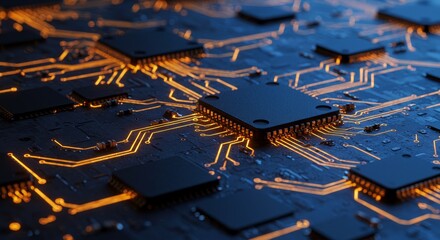 Poster - Glowing Circuit Board Technology - Abstract of a circuit board with glowing lines, symbolizing technology, innovation, connection, speed, and progress