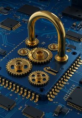 Poster - Golden Gears and Blue Lock Security System - Symbolizing security, precision engineering, intricate mechanisms, technological advancement