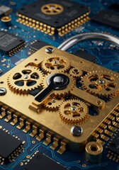 Poster - Golden Gears and Circuit Board Lock - A symbolic representing data security, intricate mechanism, technological advancement, precision engineering, and complex systems