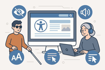 Aufkleber - Web accessibility concept illustration. Inclusive website design for people with disabilities like blindness or hearing impairment using assistive technology. Universal UX/UI design.