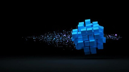 Poster - 3D blue cube structure floating with sparks on black background  